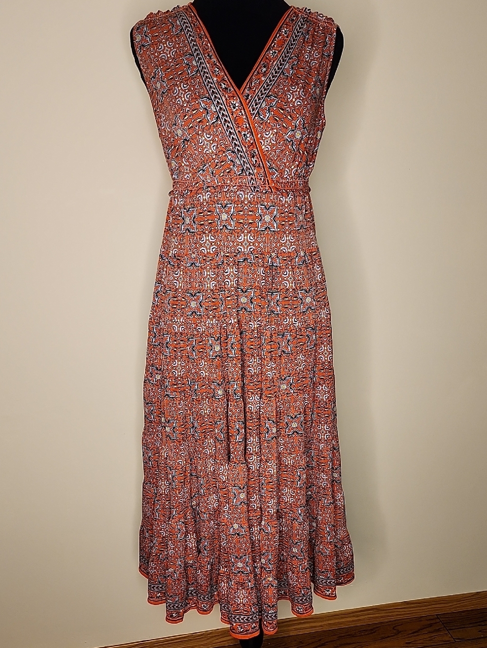 Max Studio Red Printed Midi Dress Boho Casual Flowy Lightweight Women’s Size SM